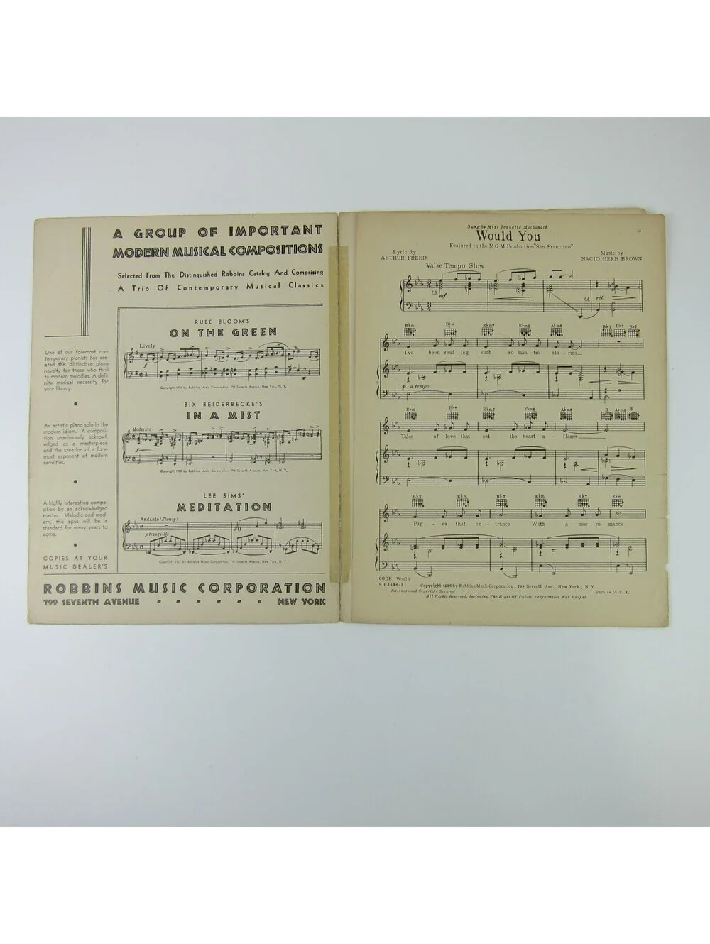 Sheet Music Would You San Francisco Clark Gable Jeanette MacDonald Vintage 1936